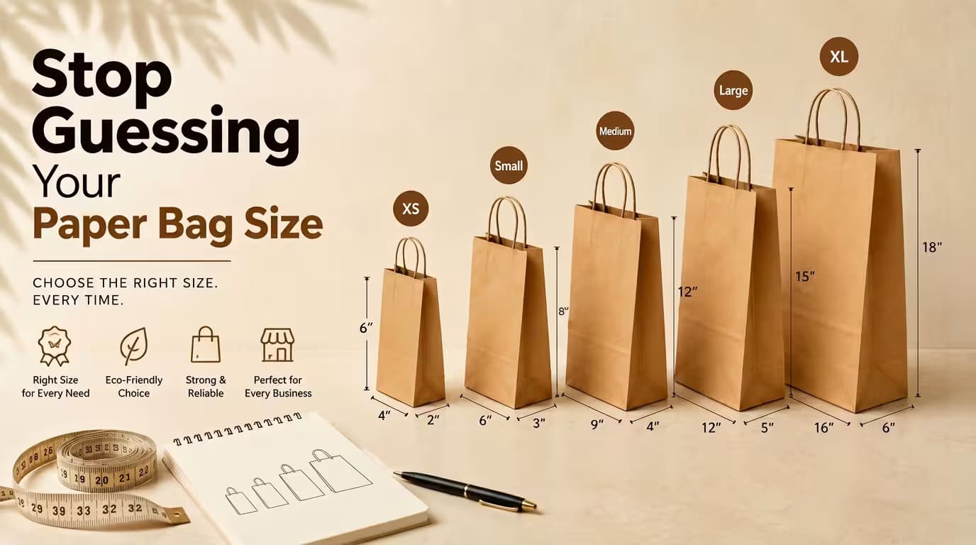 Paper Bag Size comparison chart showing XS, Small, Medium, Large, and XL kraft bags with dimensions for every need