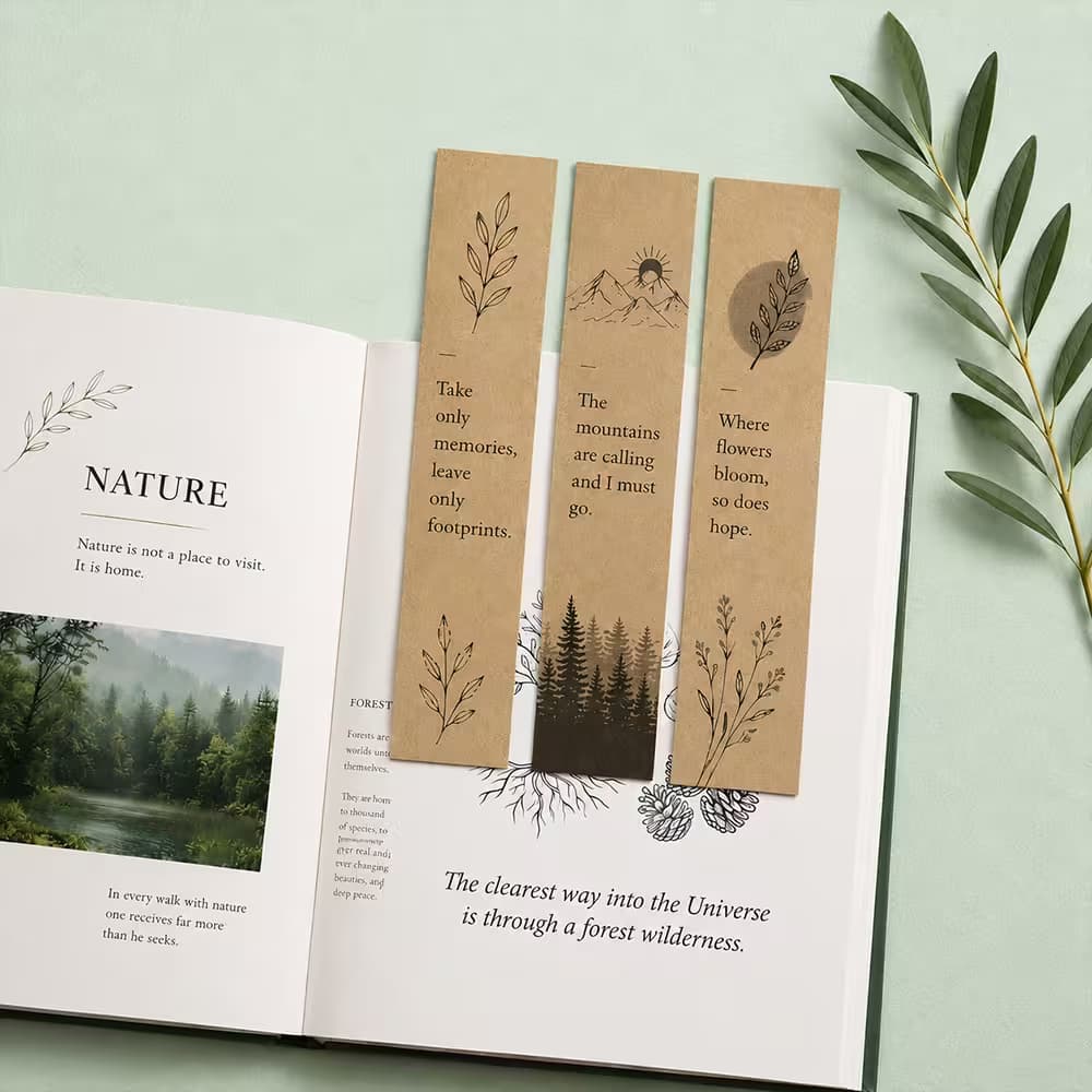 eco bookmark set with nature quotes on kraft paper