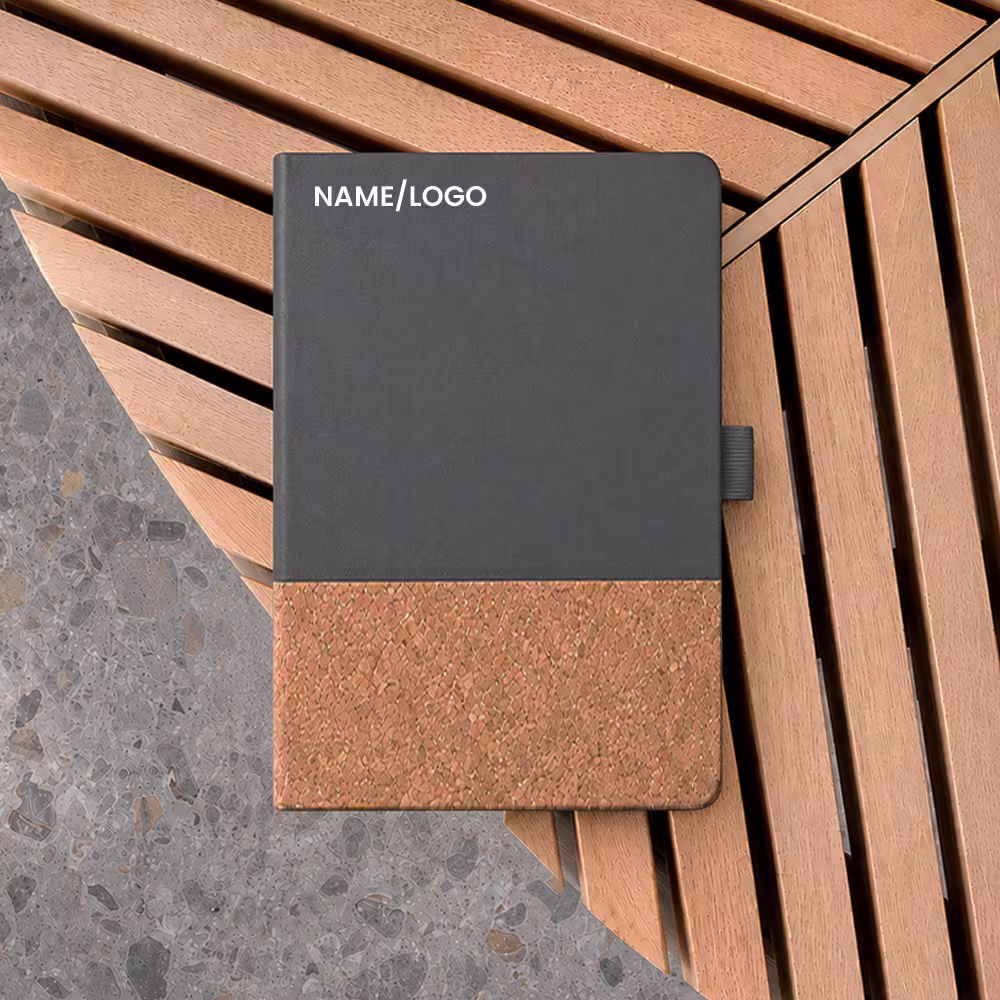 Urban Cork Diary with a stylish cork and black cover, featuring a personalized logo, designed as an eco-friendly diary for everyday use.