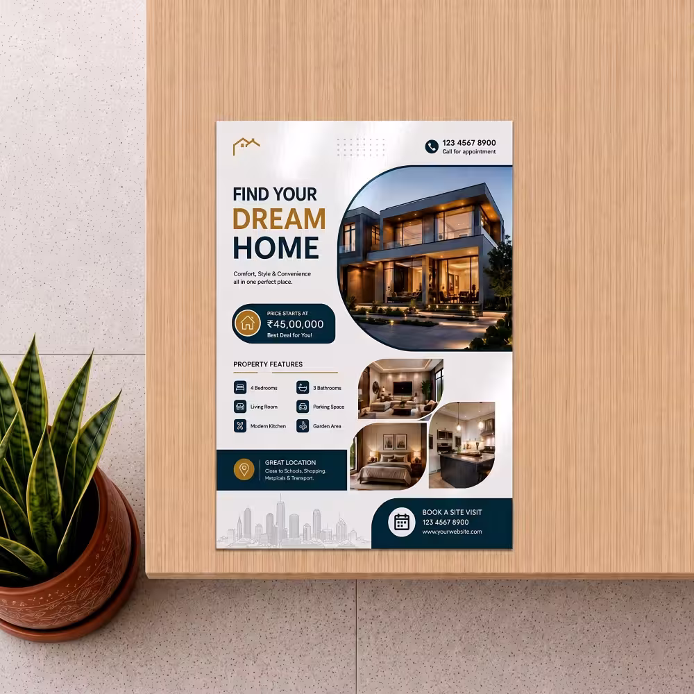 Real estate promotional flyer titled "Find Your Dream Home" displaying photos of a modern house interior and exterior.