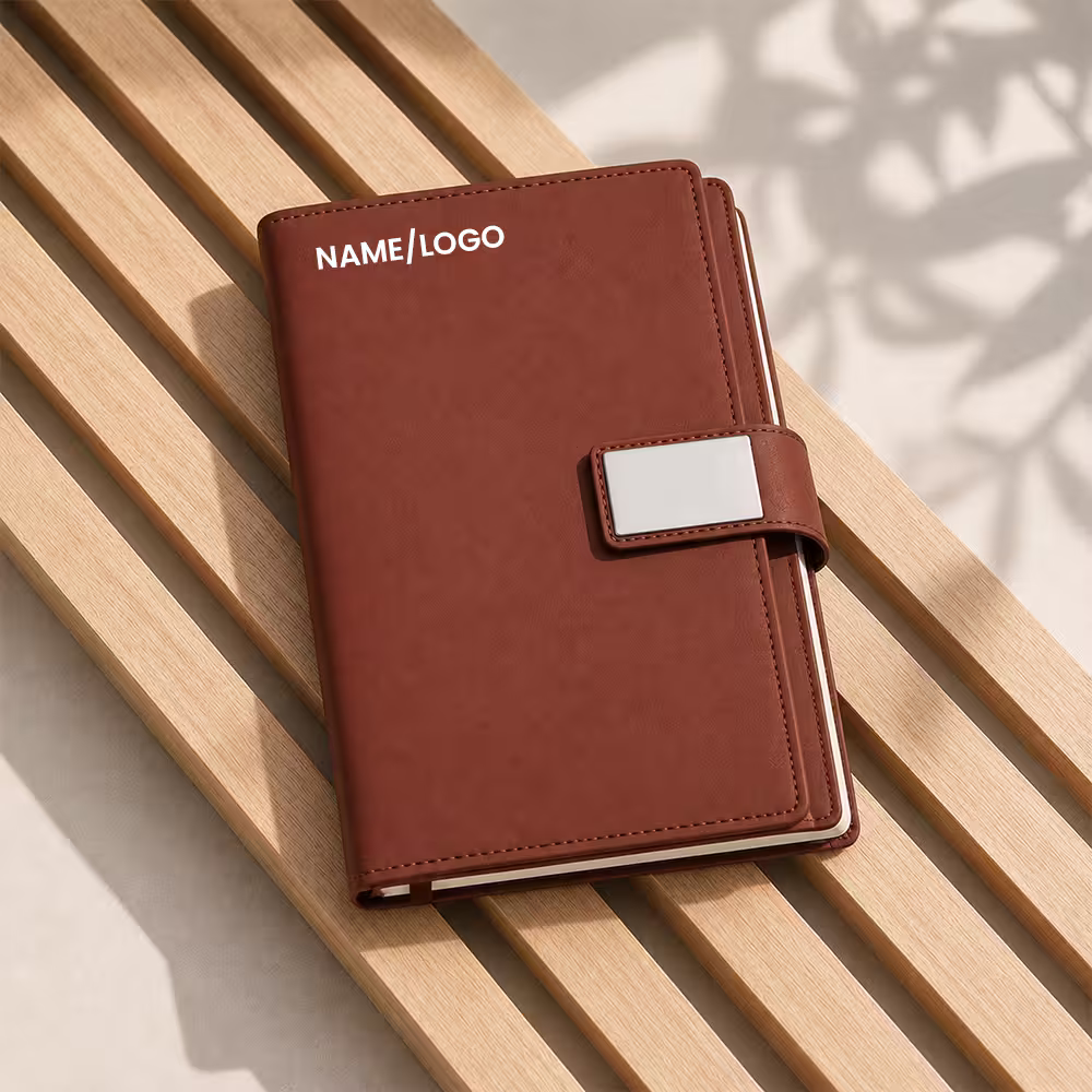 Personalized diary with magnetic closure and custom logo printing.