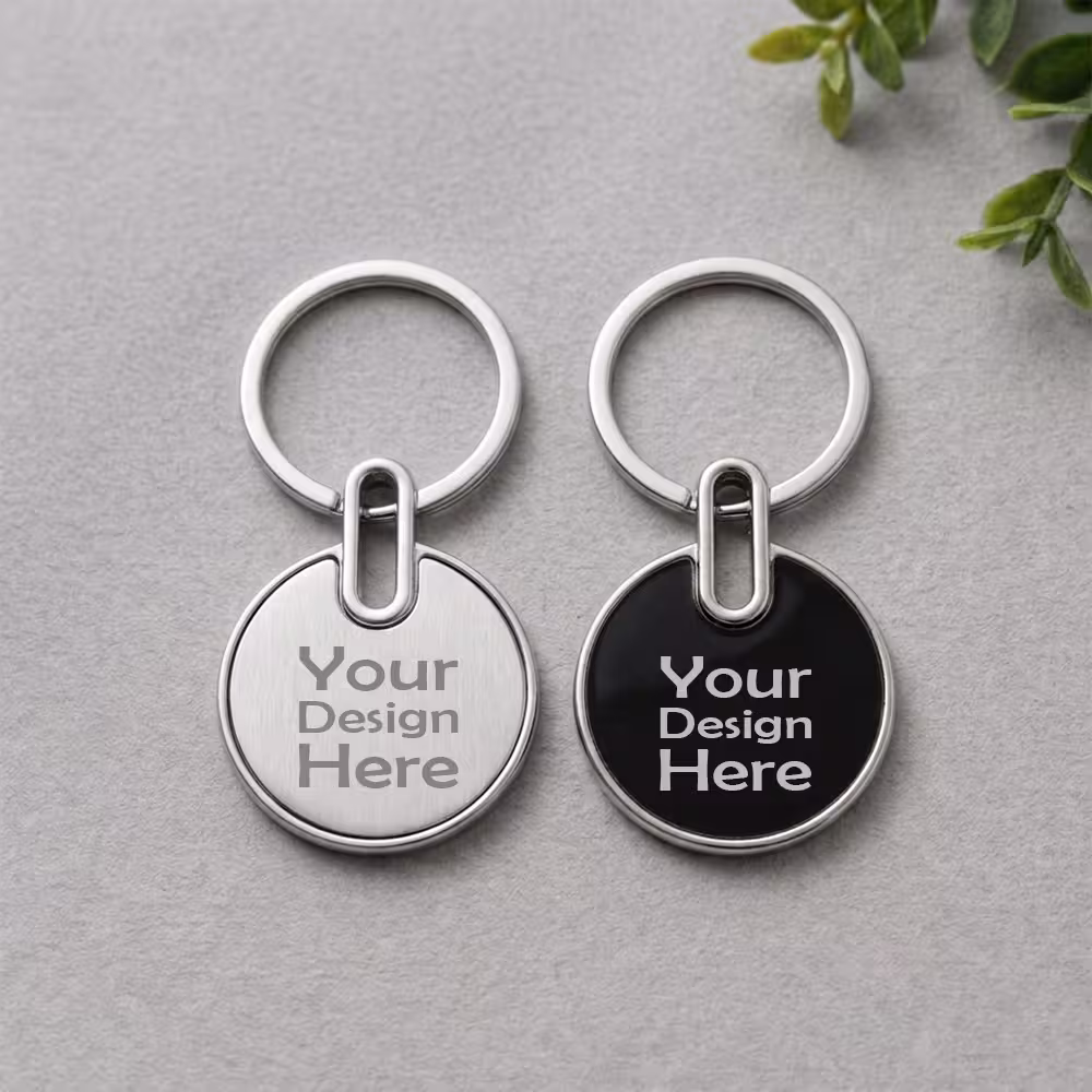 round metal keychains with custom design, silver and black