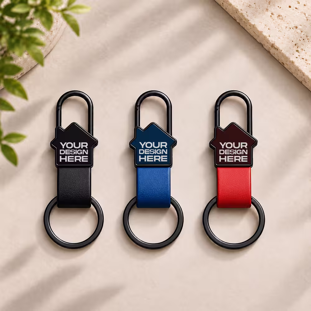 House shape keychains with carabiner in black, blue and red colours
