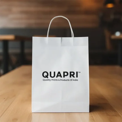 Custom-printed white paper bag with quapri logo