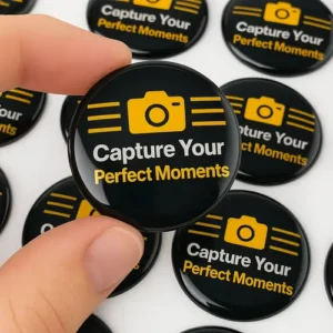 Black dome sticker with yellow camera icon, “Capture Your Perfect Moments,” close-up. Dome Sticker, custom sticker, 3D sticker.