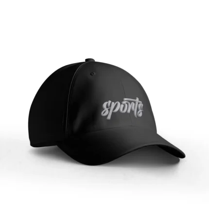 Black cap featuring custom embroidery with the word "sports" in grey script on the front.