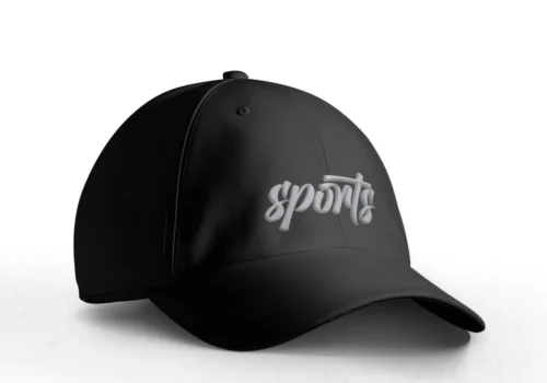 Custom Caps Printing in Bangalore with the word "sports" in grey script on the front.