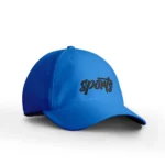 Blue cap featuring custom embroidery with the word "sports" in black script on the front.