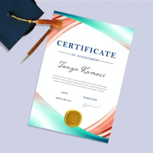 Portrait certificate for Tanya Kumari with teal and peach silk waves, gold seal, and academic cap background.