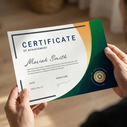 Hands holding a landscape certificate for Mariah Smith featuring green and orange abstract wave designs.