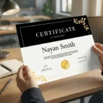 Person holding a black and white certificate for Nayan Smith with gold leaf accents and a gold seal.