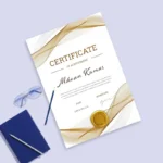 Portrait certificate for Mhoan Kumar with elegant gold flowing waves, a gold seal, and blue notebook.