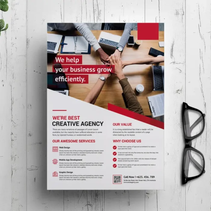 Custom flyer featuring 'We help your business grow efficiently,' with team collaboration image, services like web design, app development, and graphic design, plus contact details.