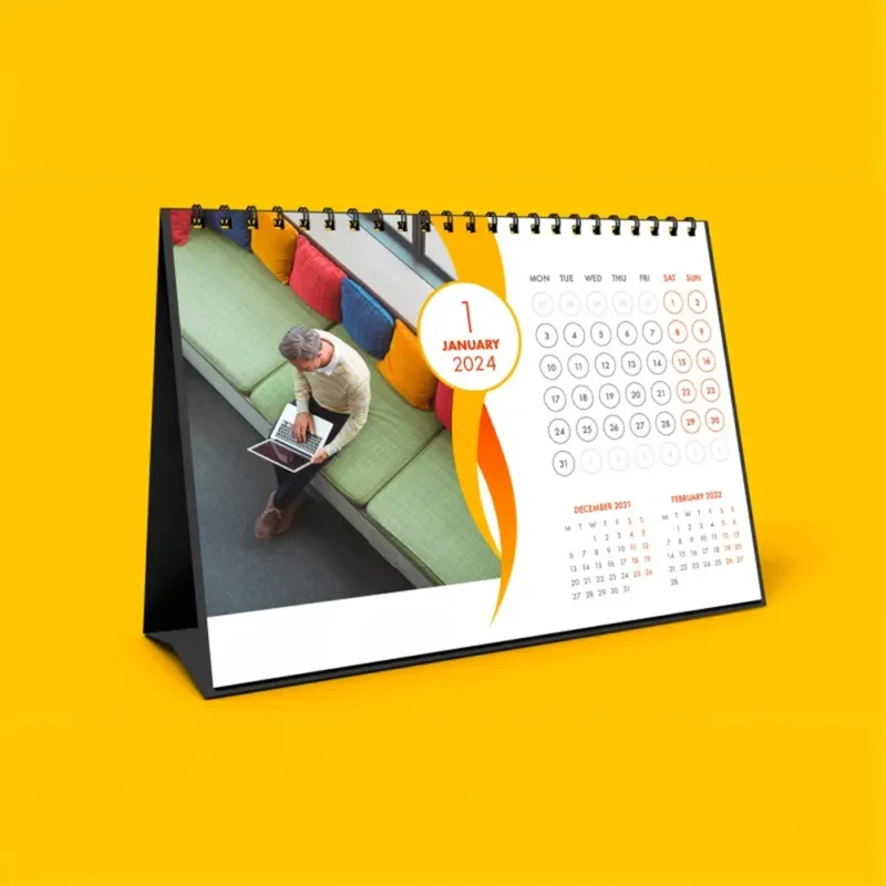 Unique table calendar with glossy finish, featuring personalized images and a sleek design for any workspace."