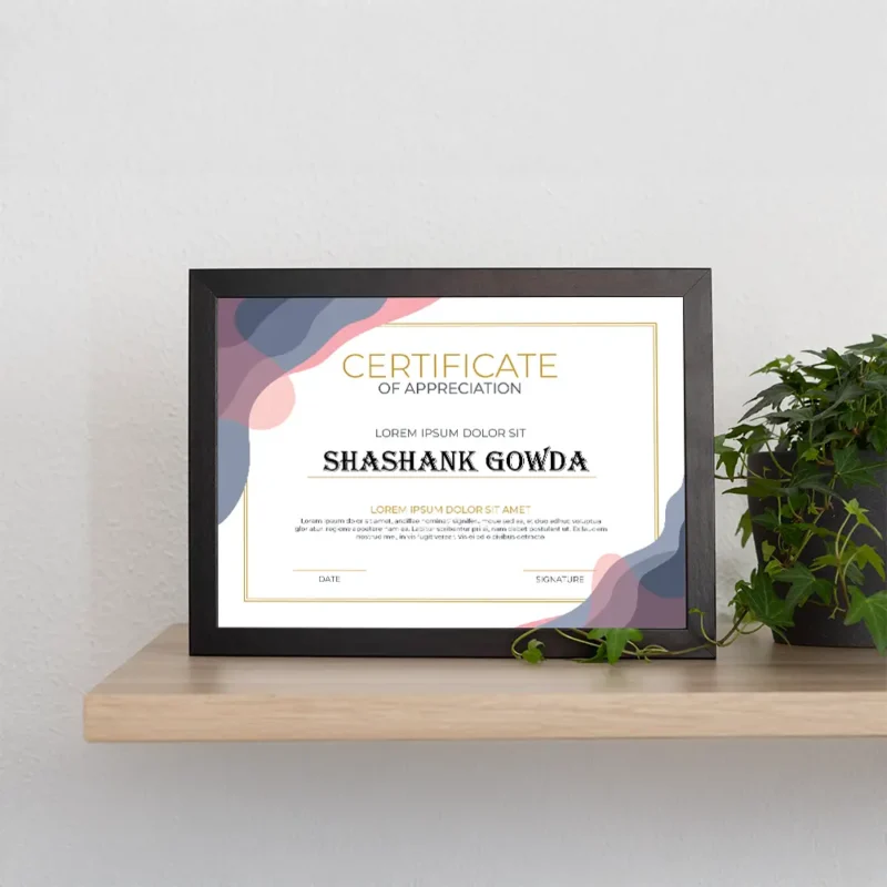 Certificates showcased in tasteful frames.