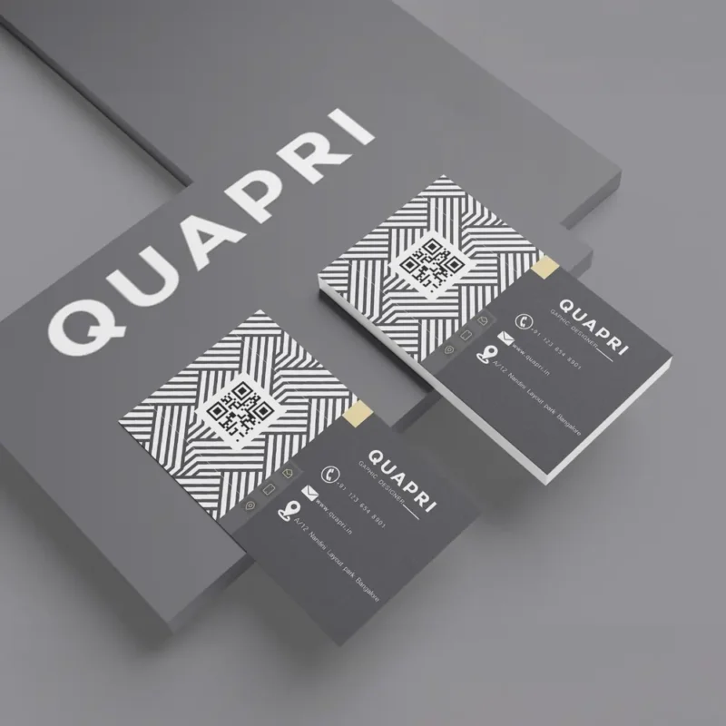 Quapri business cards with QR code and contact details.