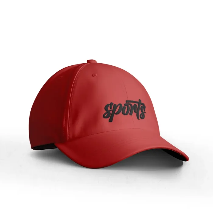 Red cap featuring custom embroidery with the word "sports" in black script on the front.