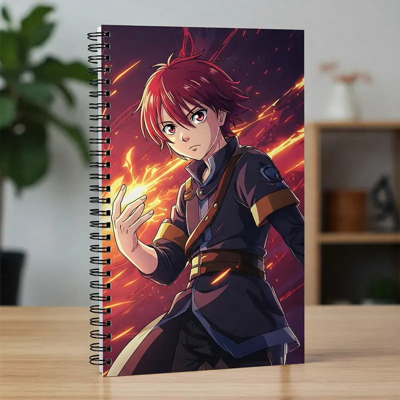 Custom notebook print with anime character, red-haired warrior, fire magic design, spiral-bound.
