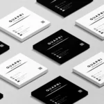 Custom-designed square visiting cards with a minimalist layout