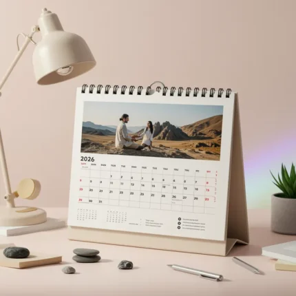 Custom Table Calendar 2026 with a couple's photo, perfect for desk decor and personalized workspace use