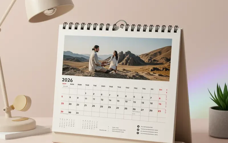 Custom Table Calendar 2026 with a couple's photo, perfect for desk decor and personalized workspace use