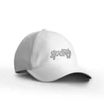 White cap featuring custom embroidery with the word "sports" in grey script on the front.