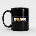 Personalized black coffee mug featuring Eclipse Sports Club logo in orange and white, ideal for custom sports merchandise.