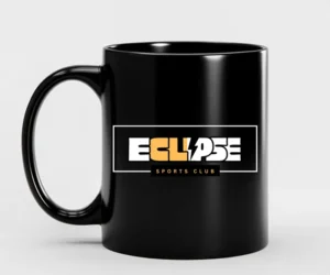 Personalized black coffee mug featuring Eclipse Sports Club logo in orange and white, ideal for custom sports merchandise.