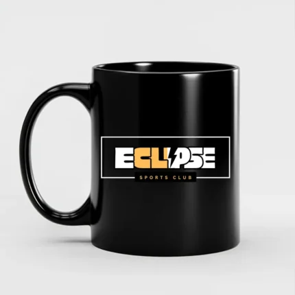 Personalized black coffee mug featuring Eclipse Sports Club logo in orange and white, ideal for custom sports merchandise.