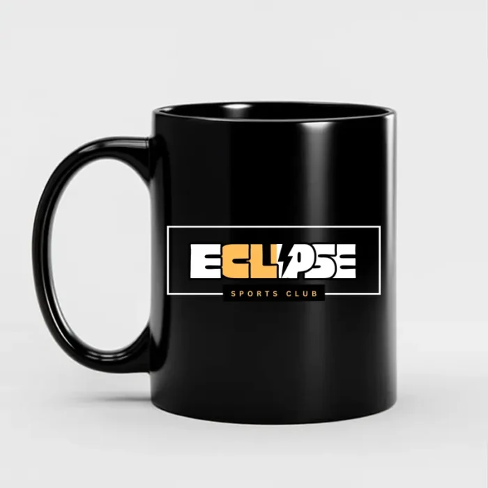 Personalized black coffee mug featuring Eclipse Sports Club logo in orange and white, ideal for custom sports merchandise.