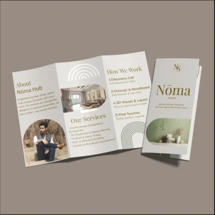 Interior design trifold brochure for "Nōma Hub" featuring elegant room photos and a step-by-step service guide.