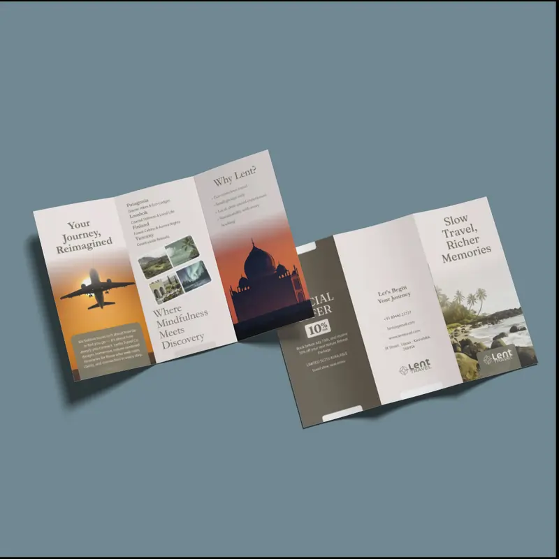 Travel brochure for "Lent Travel" with images of a plane at sunset, Taj Mahal silhouette, and a tropical beach.