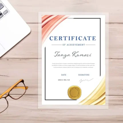 laminated certificate for Tanya Kumari with peach and gold silk drapes on a light wood desk background.