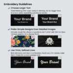 Embroidery design guidelines for caps/t-shirts with tips on font size, simple graphics, and thick lines for clean stitching
