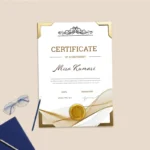 A frameless certificate for Mira Kumari with gold corner clips, elegant gold waves, and a gold seal on a beige background.