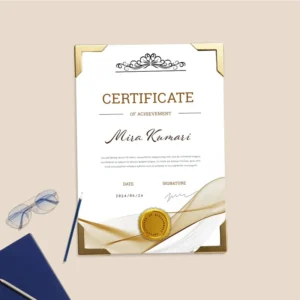 A frameless certificate for Mira Kumari with gold corner clips, elegant gold waves, and a gold seal on a beige background.