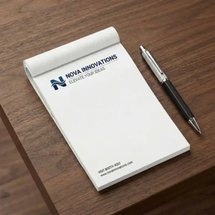 Top-bound notepad with "Nova Innovations" logo and a silver pen on a dark wood desk.