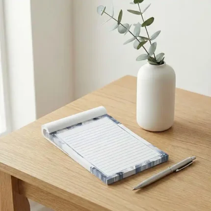 Lined notepad with a blue marble border and a silver pen on a light wood desk near a white vase.