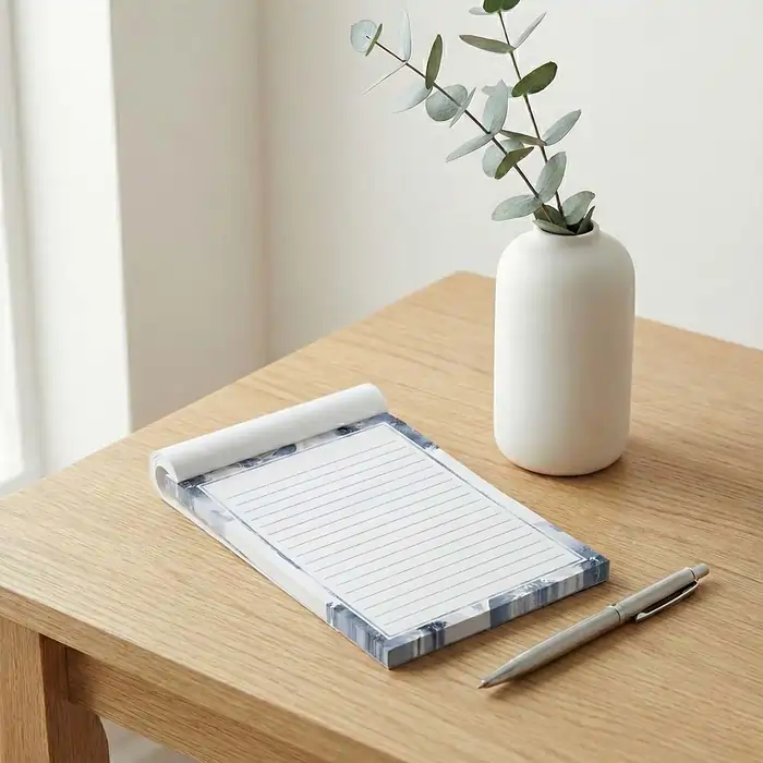 Lined Notepads with a blue marble border and a silver pen on a light wood desk near a white vase.
