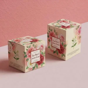 Two square cream-colored boxes featuring vibrant pink and white rose illustrations for "Rose Petal & Jasmine Nourish.