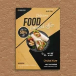 Modern food poster for wraps and rolls on a black and gold geometric background with a "50% OFF" sticker.