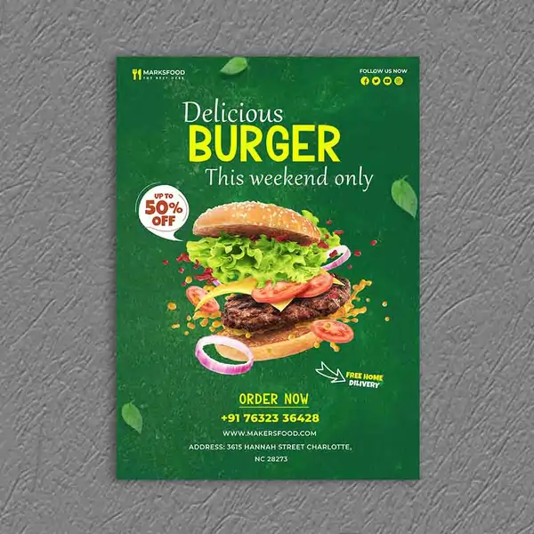 Vibrant green food poster showing an exploded-view burger with fresh ingredients and a "50% OFF" discount tag.