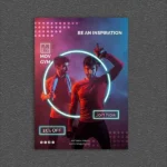 Neon-styled gym custom poster with a man lifting weights, featuring glowing blue circles and a "15% OFF" offer.