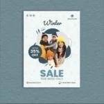 Winter sale custom poster featuring a smiling family in beanies and scarves with a "35% OFF" promotional bubble.