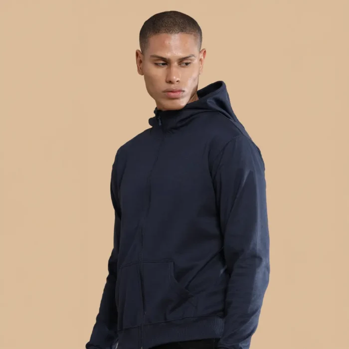 Classic pullover hoodie in navy blue, featuring a kangaroo pocket and hood with drawstrings