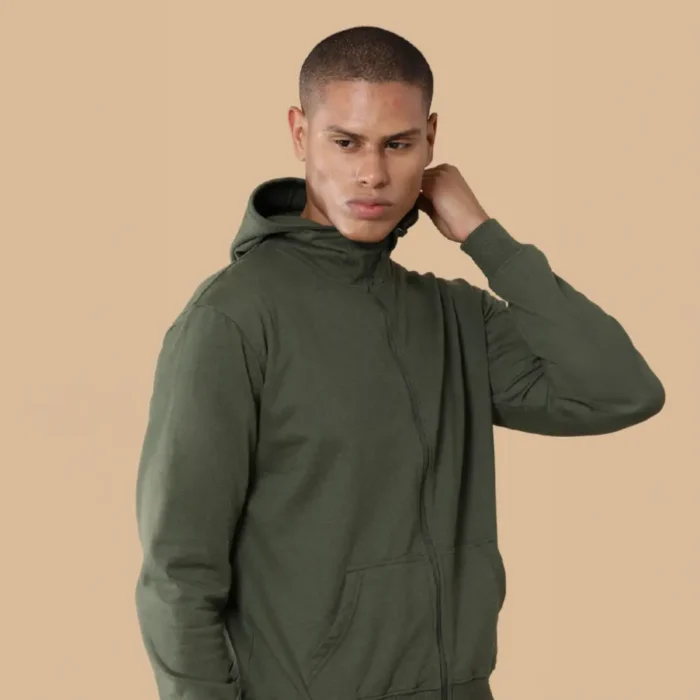 Green hoodie with a branded logo on the chest, featuring a front pocket and drawstring hood