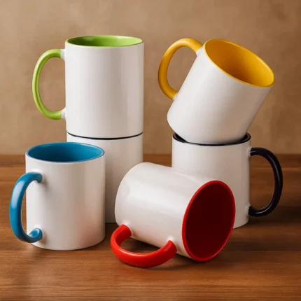 White mugs with colorful handles stacked on a wooden surface.