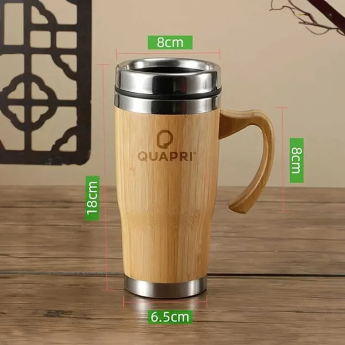 Bamboo travel coffee tumbler with ergonomic handle