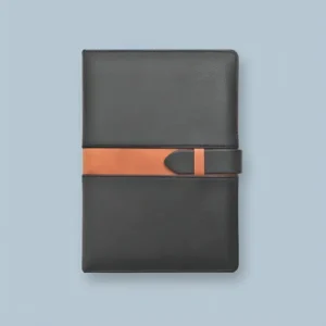 Flat lay of a premium A5 leather journal with a rich, textured cover.