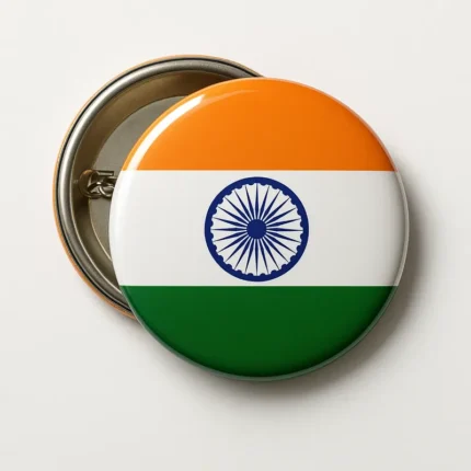 Glossy round Custom Button Badges with Indian tricolor and Ashoka Chakra, metal pin back visible on white background